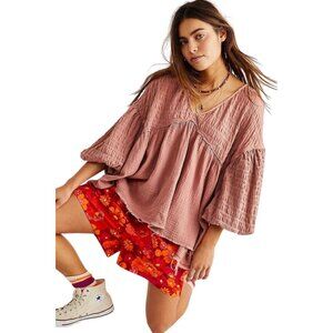 Free People Flower Power Top Babydoll Smocked Blouse Balloon Sleeve Size XS